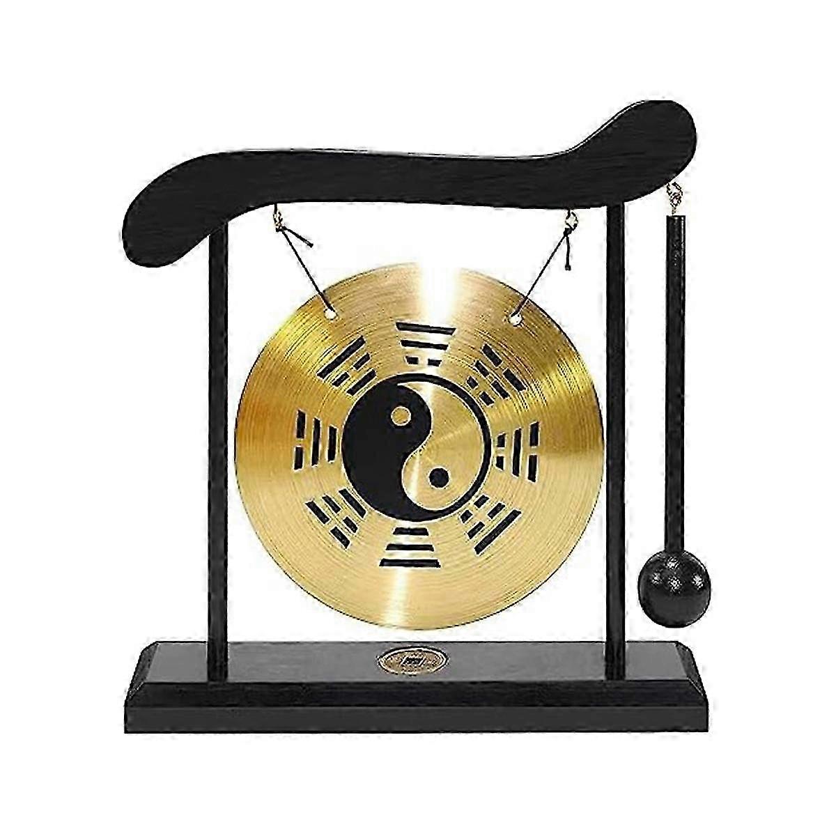 Feng Shui Brass Gong Desktop Ornament with Stand, Traditional Chinese Decor