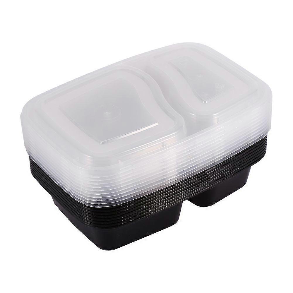 10pcs Plastic Microwavable 2 Compartments Meal Prep Containers Food Storage Boxes (Black)