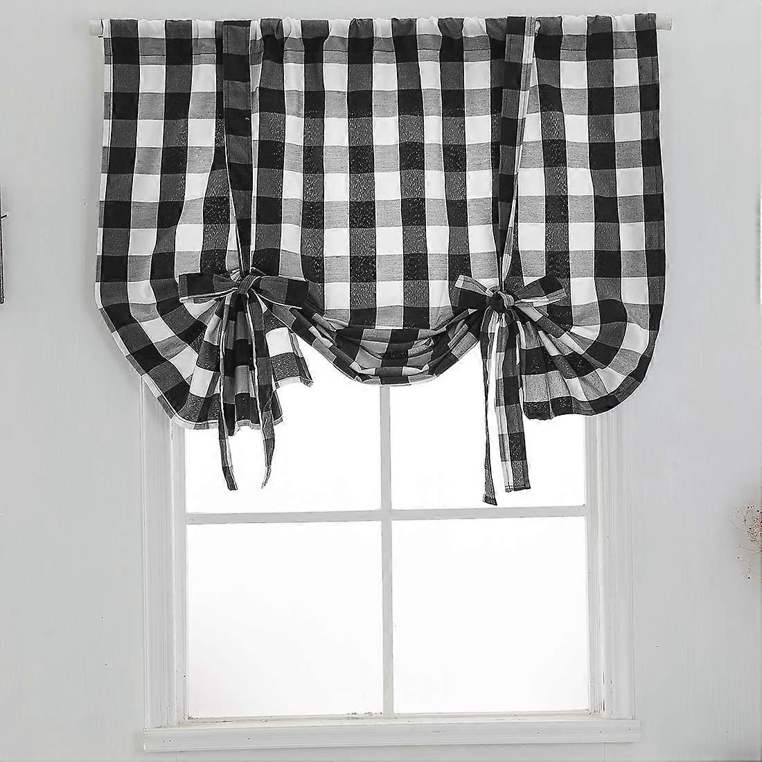 Noel Buffalo Check Black and White Tie-Up Curtains for Farmhouse Style, Insulated Adjustable Balloon Shade for Small Windows (24" x 47")
