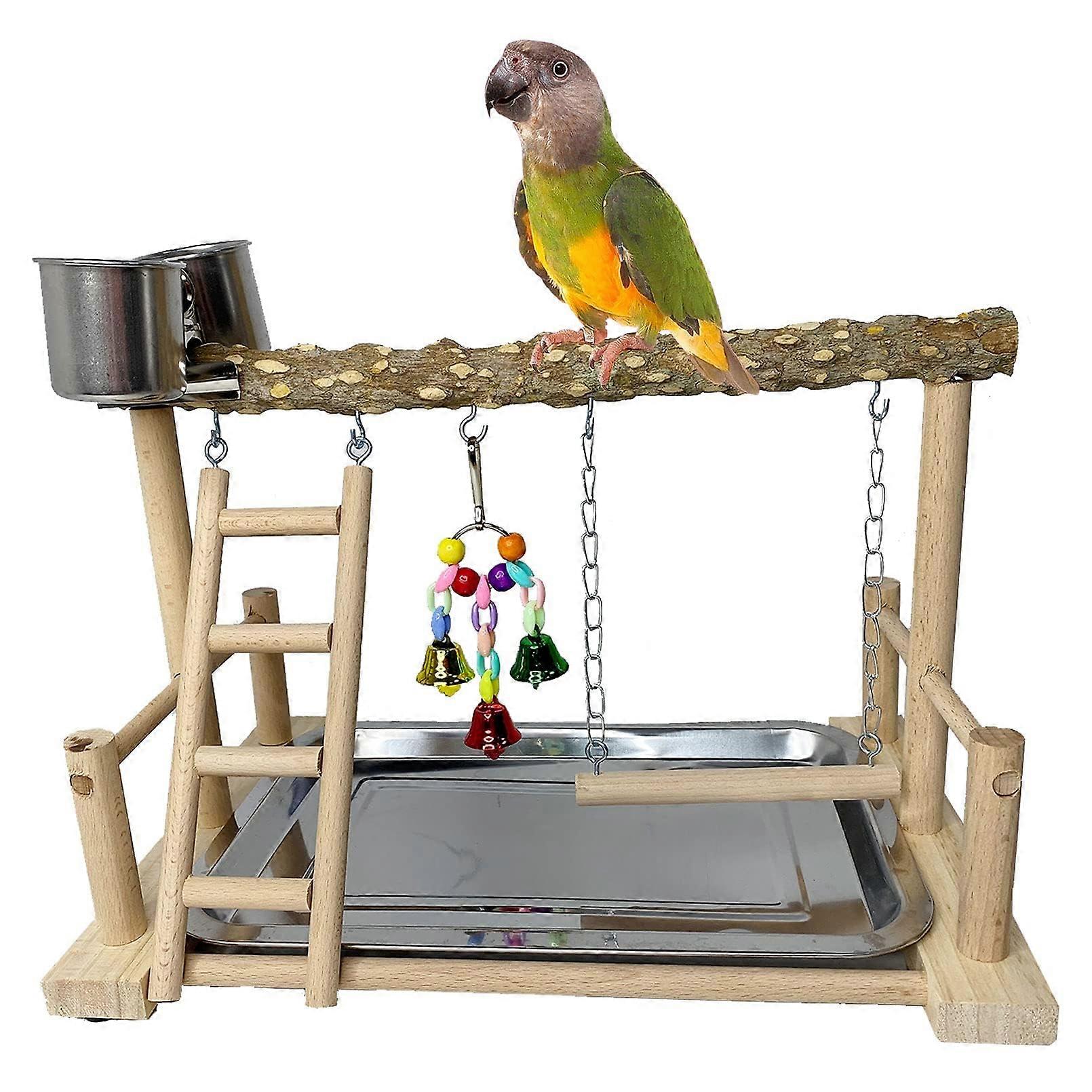 Parrots Playground Bird Perch Wood Playstand with Ladder Swing Feeder for Small Birds
