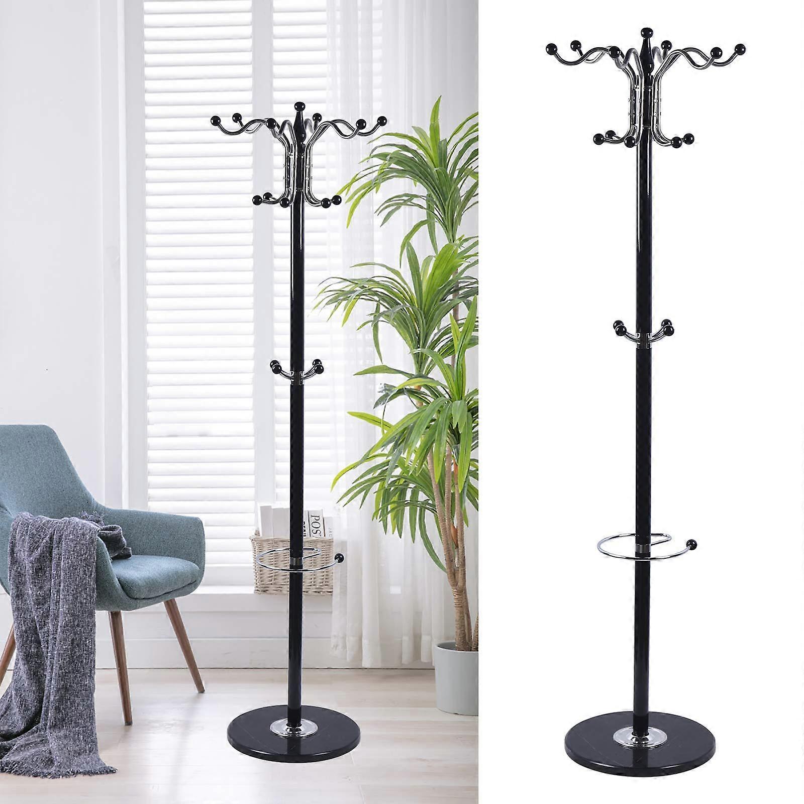 67" Metal Coat Tree with 16 Hooks, Modern Black and White Free Standing Hat and Jacket Hanger with Marble Base