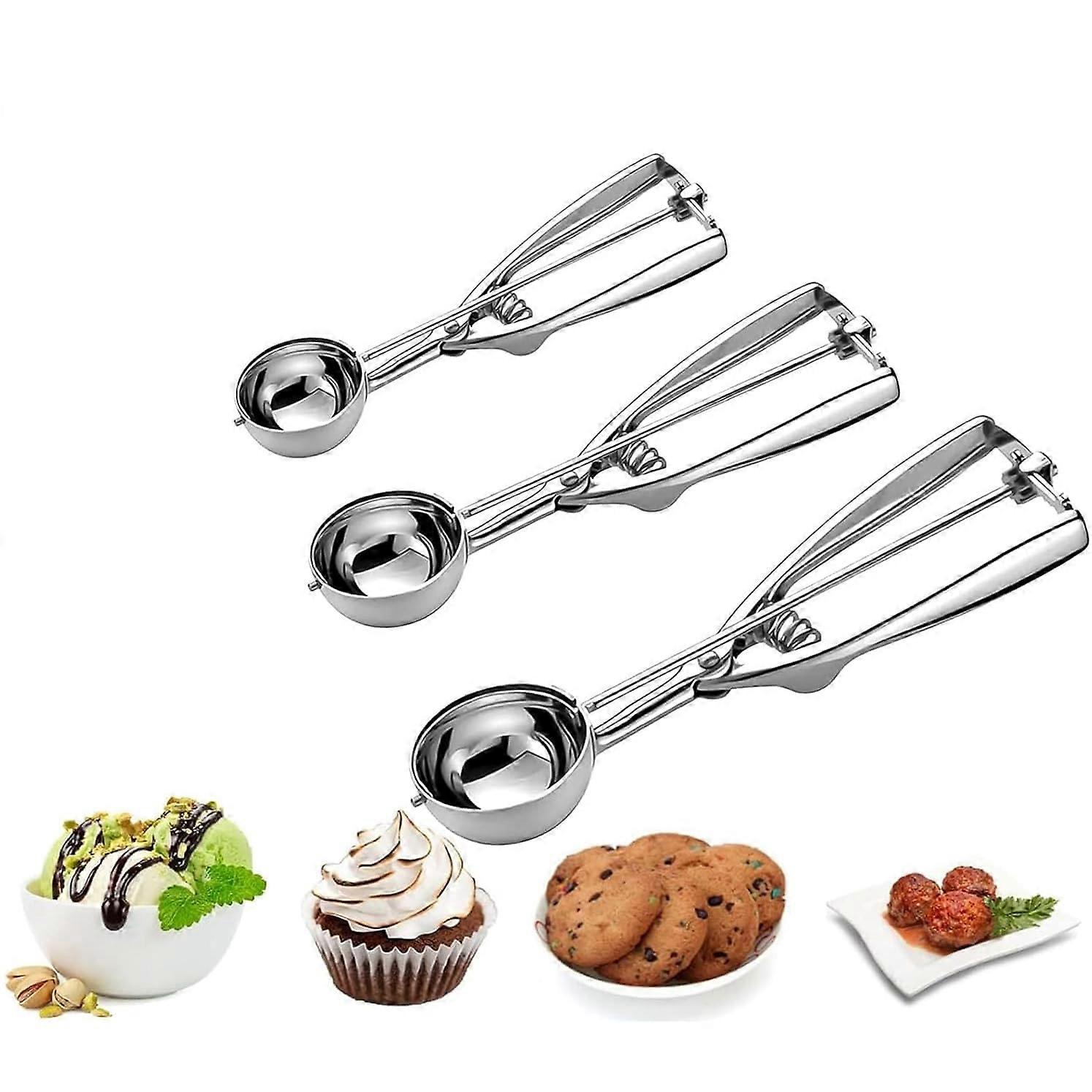 Cookie Scoop Set, Stainless Steel Ice Cream Scoop & Cookie Dough Scooper, 3 Pieces with Trigger Release for Baking