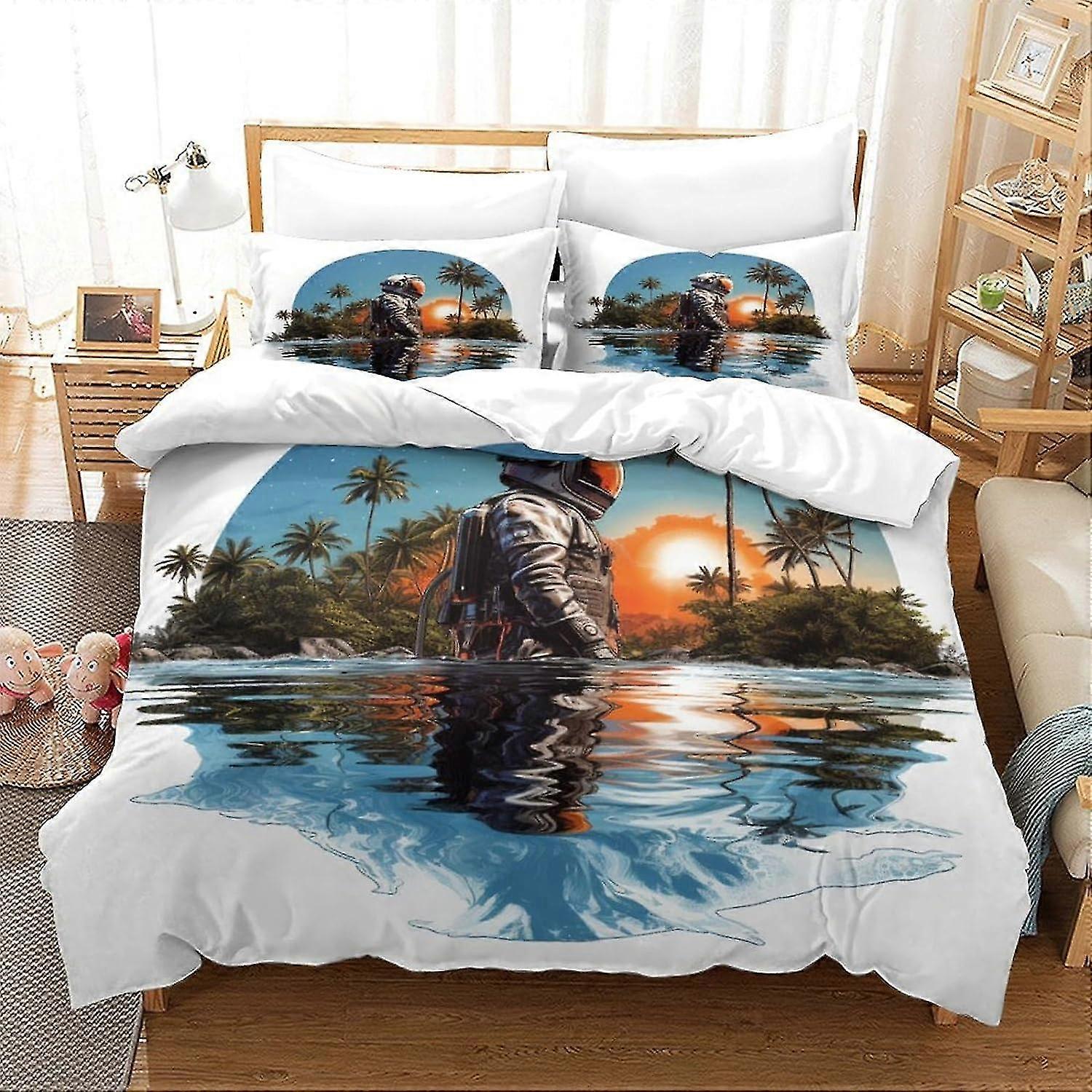 Soft Duvet Cover Set, Astronaut Design, Printed Duvet Cover And Pillowcase, Retro Style, 3 Piece Set, For Adults And Children