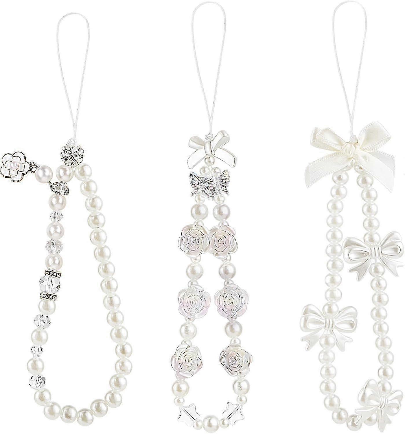 3 Pcs Pearl Beaded Phone Charm Lanyard Strap Butterfly Bow Flower Phone Charms
