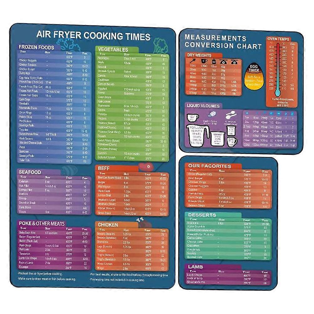 3pcs Magnetic Air Fryer Timetable Stickers Quick Reference Guide Compatible with Major Brands Easy to Clean Design for Fridge Decoration