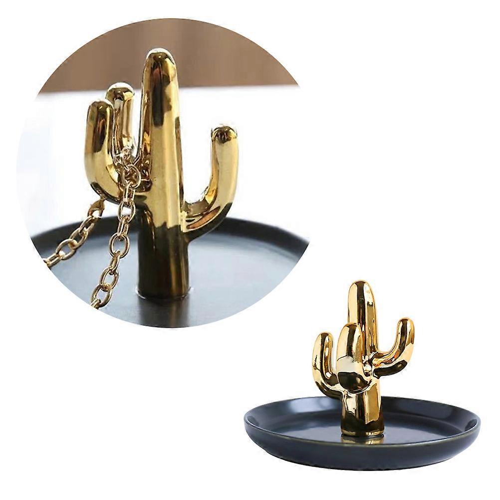 Jewelry Display Tray Ceramic Storage Plate Cactus Shaped Ornament for Women Home Use Retail Display Black Color 13.30X13.30X9.50CM 1Pcs