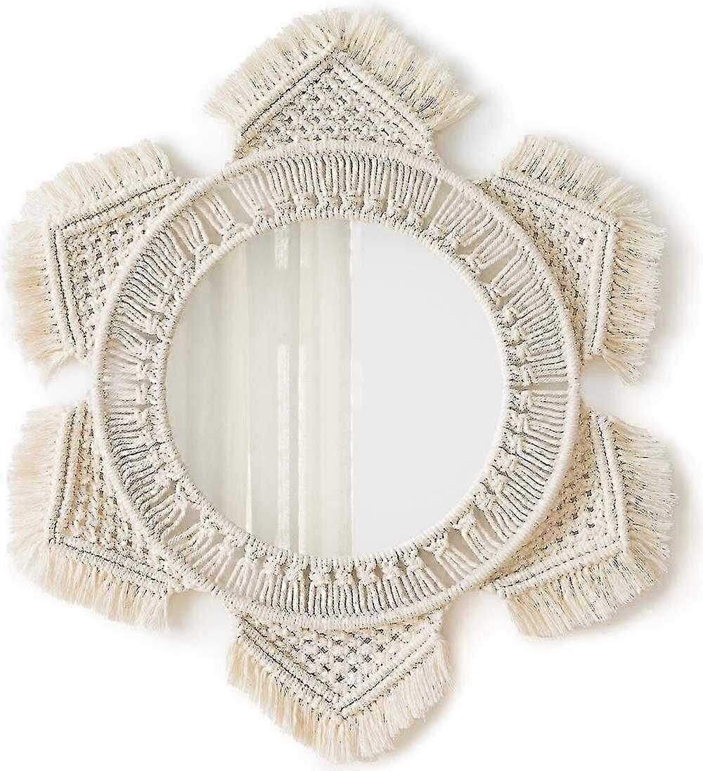Boho Round Wall Mirror with Macrame Fringe - Ivory, Apartment & Nursery Decor