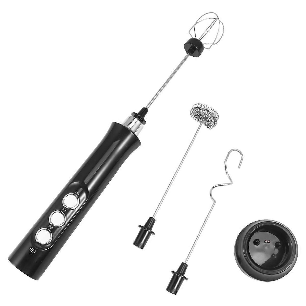 USB Rechargeable Electric Egg Whisk with Three Replaceable Heads MultiFunction Milk Frother for Cooking Black