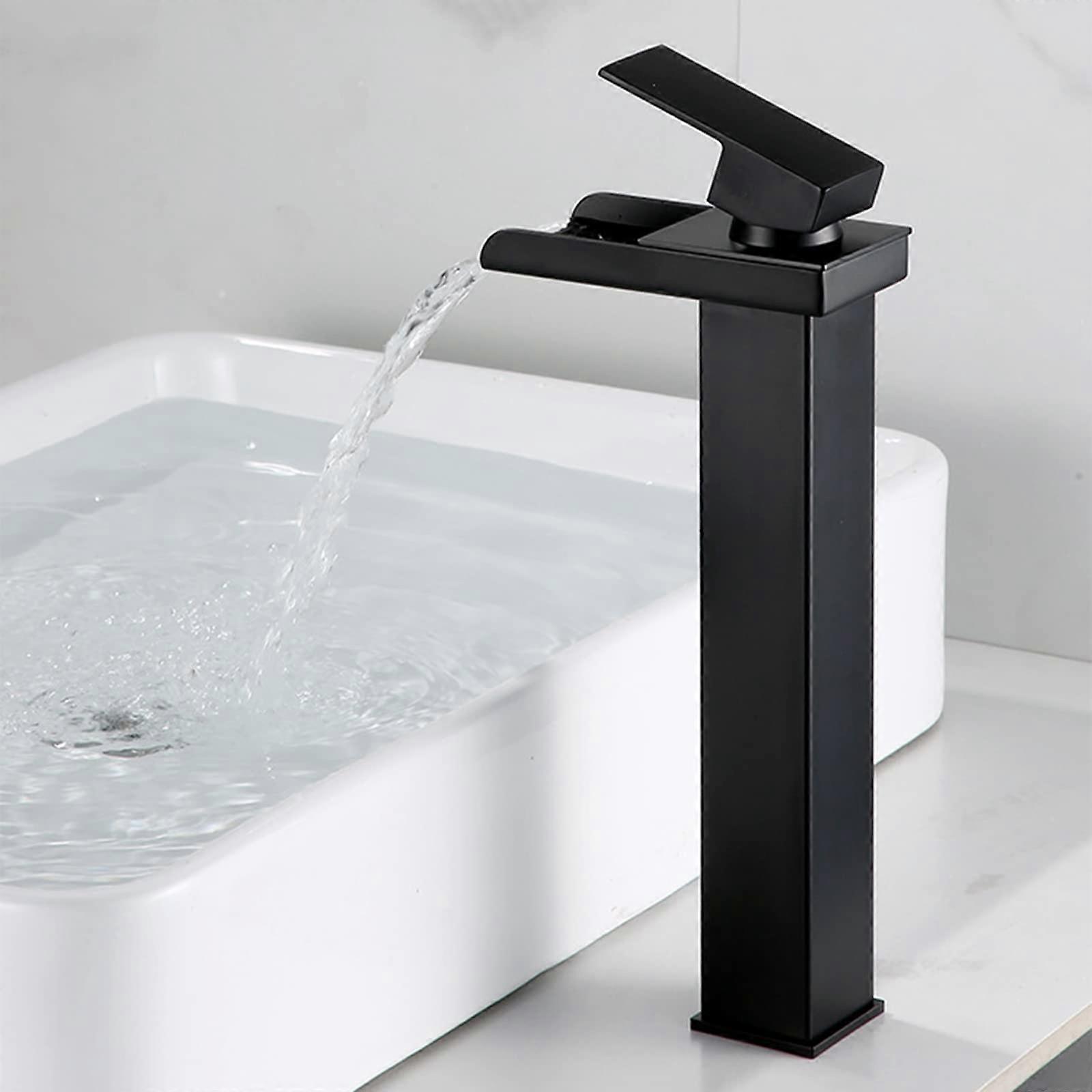 rise basin mixer, black, wide faucet with waterfall design, G1/2, tall basin faucet, black B