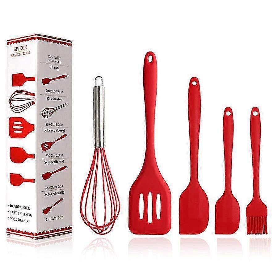 Red Silicone Kitchen Accessories - 5-Piece Spatula & Brush Beater Set for Cooking & Baking - Non-Stick Heat Resistant Tools