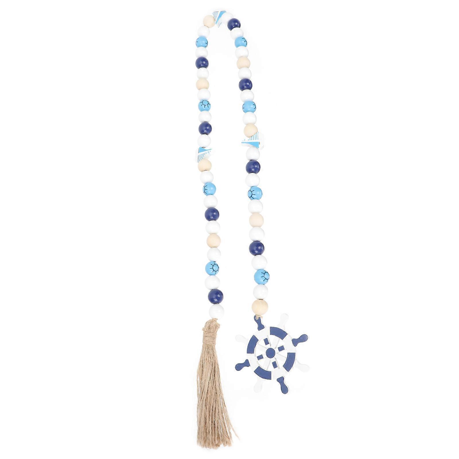 Rustic Wood Bead String Decor Ornament With Tassel For Homeowners And Interior Designers In Blue 1Pack