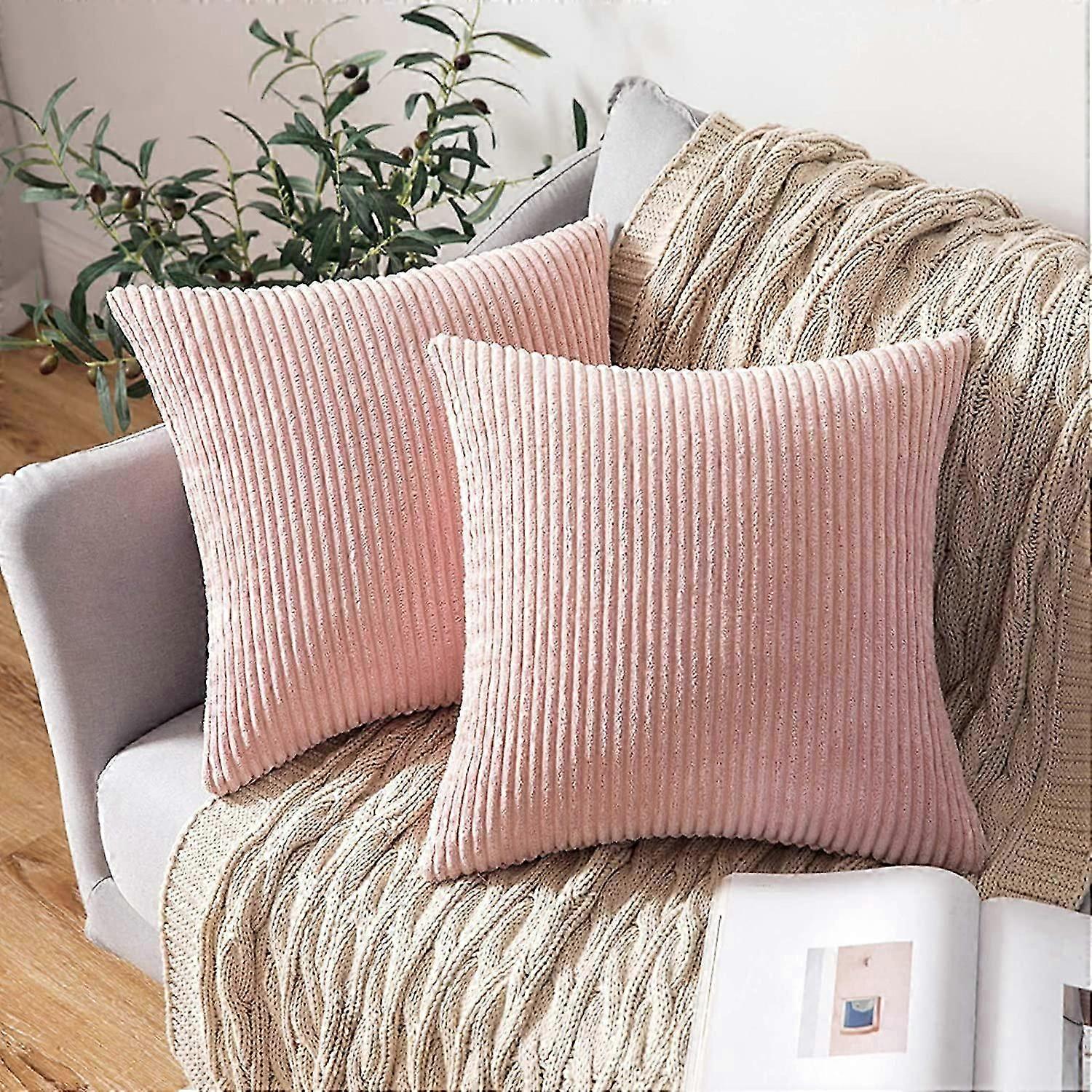 Set of 2 Striped Corduroy Square Throw Pillow Case Soft Cushion Covers Sham Home for Sofa Couch/Bedroom Decorative Fluffy Large Pillowcases