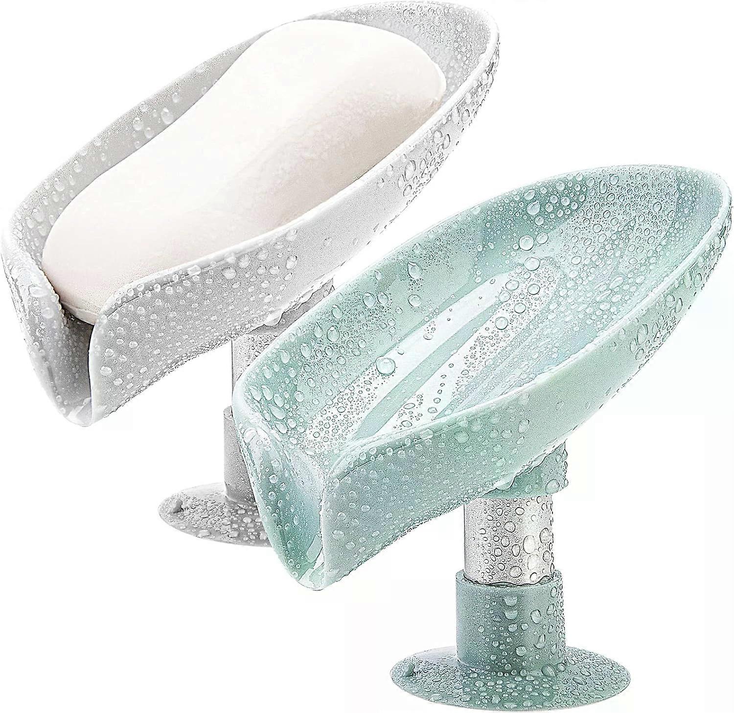 2Pcs Soap Holder, Leaf-Shape Self Draining Soap Dish with Strong Suction Cup, Easy Installation