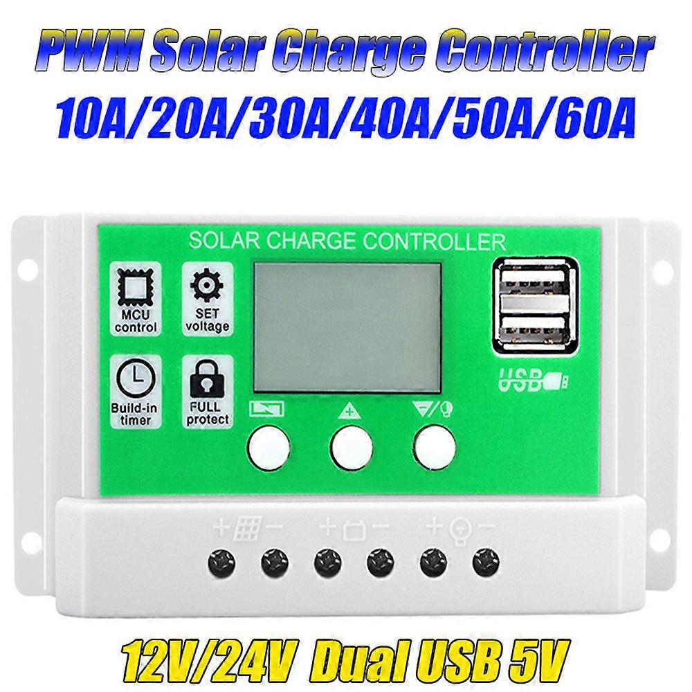 60A Solar Charge Controller 12V/24V Dual USB LCD Display Green