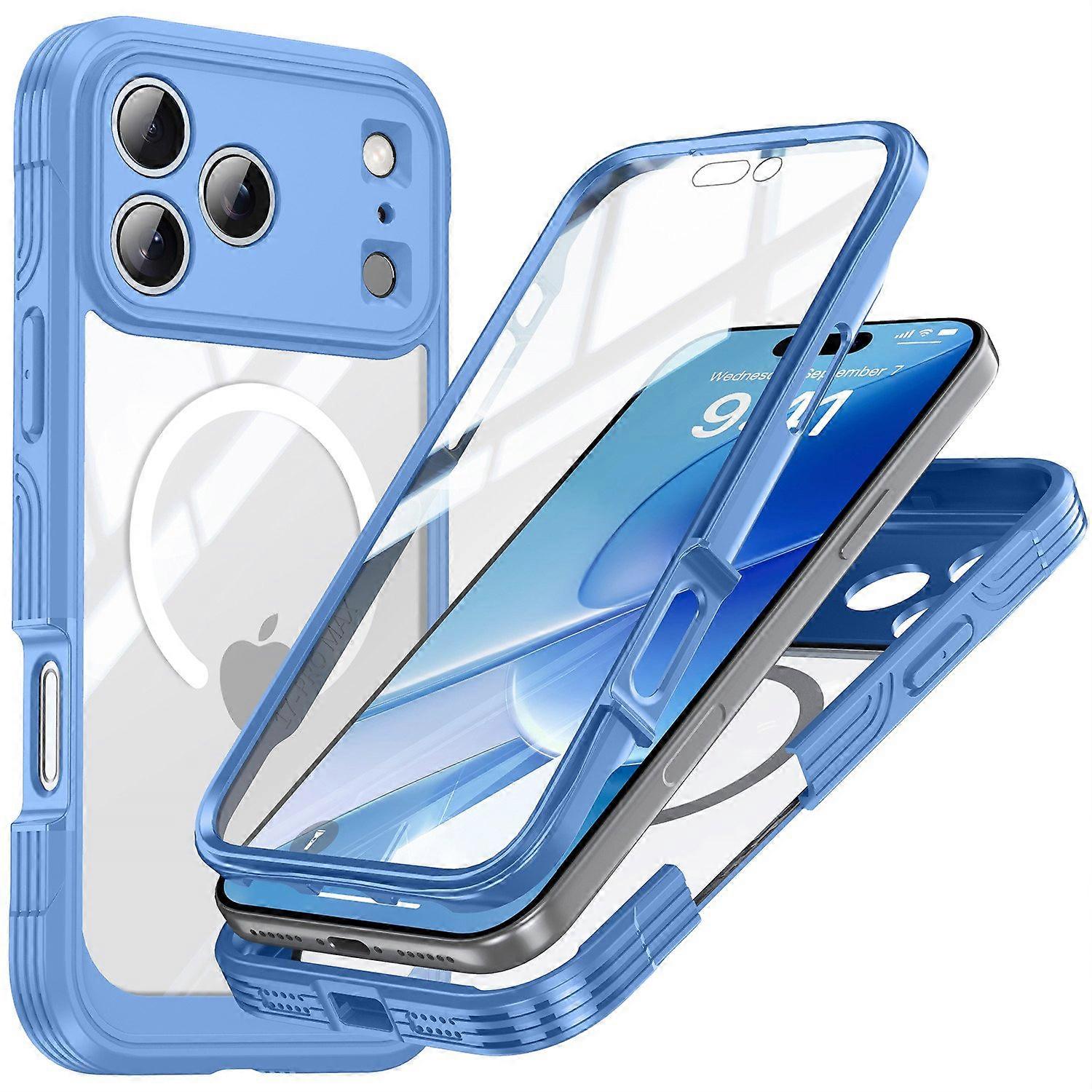 Pour iPhone 17 Pro Max Étui Magnétique PC + TPU Couverture de téléphone avec film d’écran en verre trempé - Bleu ciel