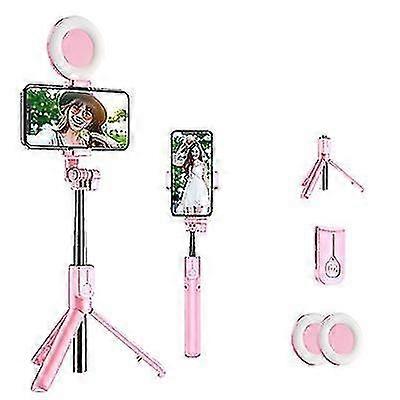 2 Lights Pink Bluetooth Selfie Stick Led Ring Light Extendable Hand...