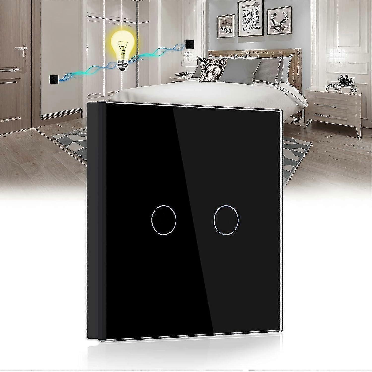 2 Gang 2 Way Light Switch with LED Display - Black Touch Switch with Glass Panel No Neutral Wire