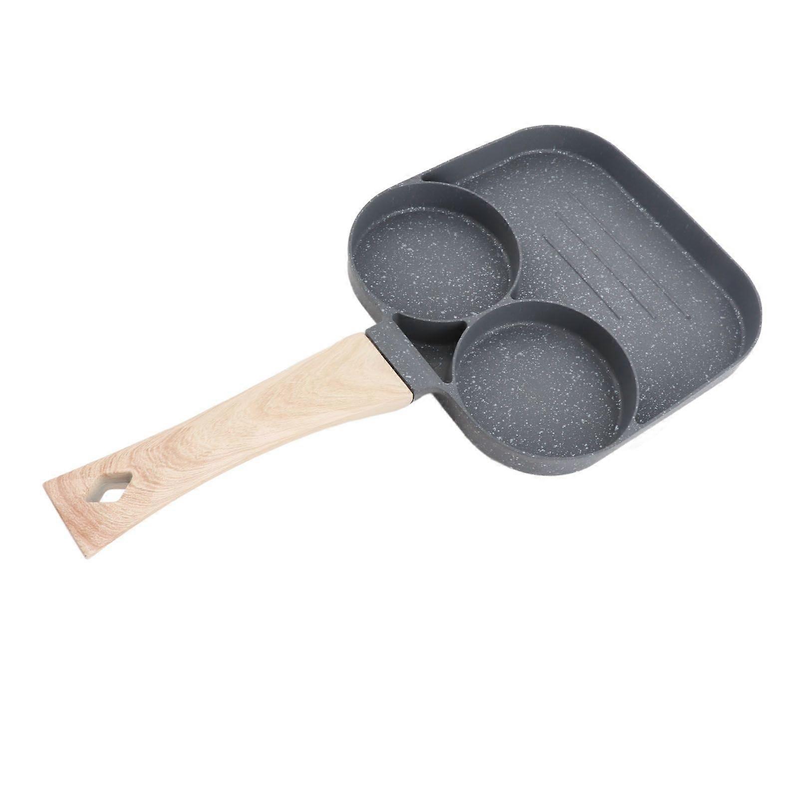 Egg Frying Pan 2 Round Cup 3 Section Stick Proof Breakfast Cooking Pan with Wooden Handle for Induction Gas Stove