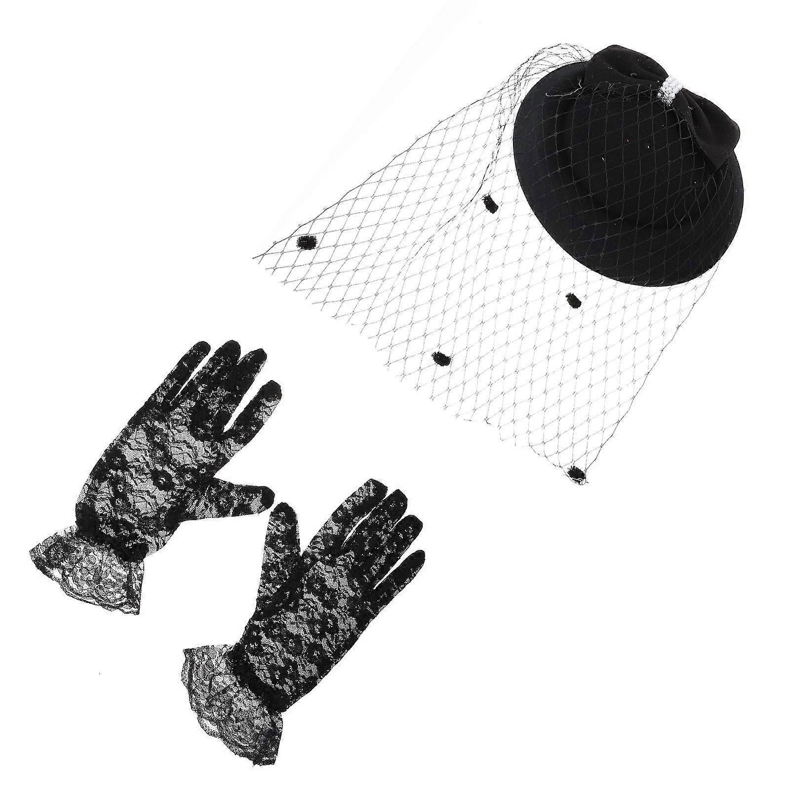 Cocktail Party Retro Mesh Hat and Lace Gloves Kit for Women 2Sets