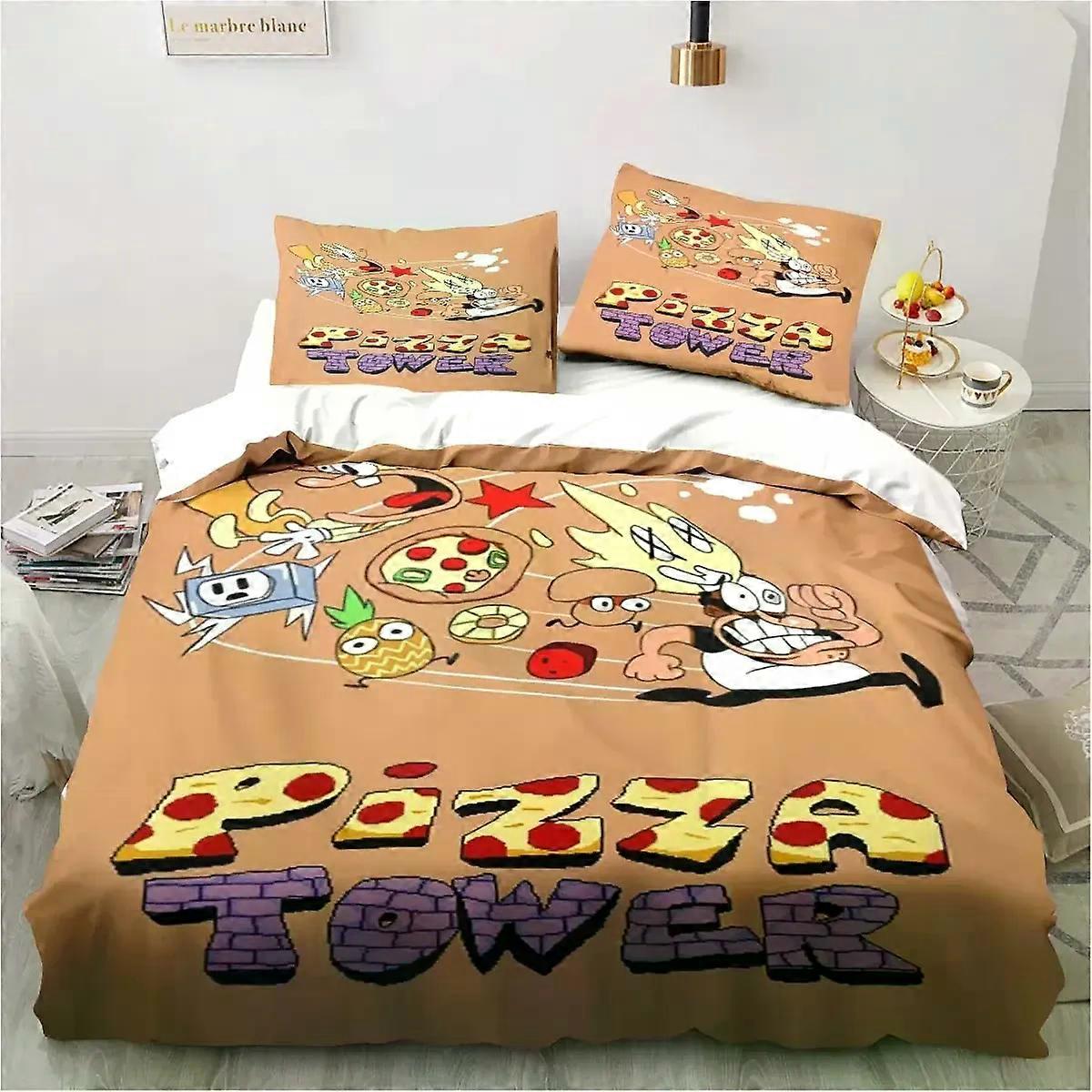AM1437 Pizza Tower Classic Pixel Style Bedding Set with Duvet Cover and Pillowcase for King and Queen Size Bed for Boys and Adults
