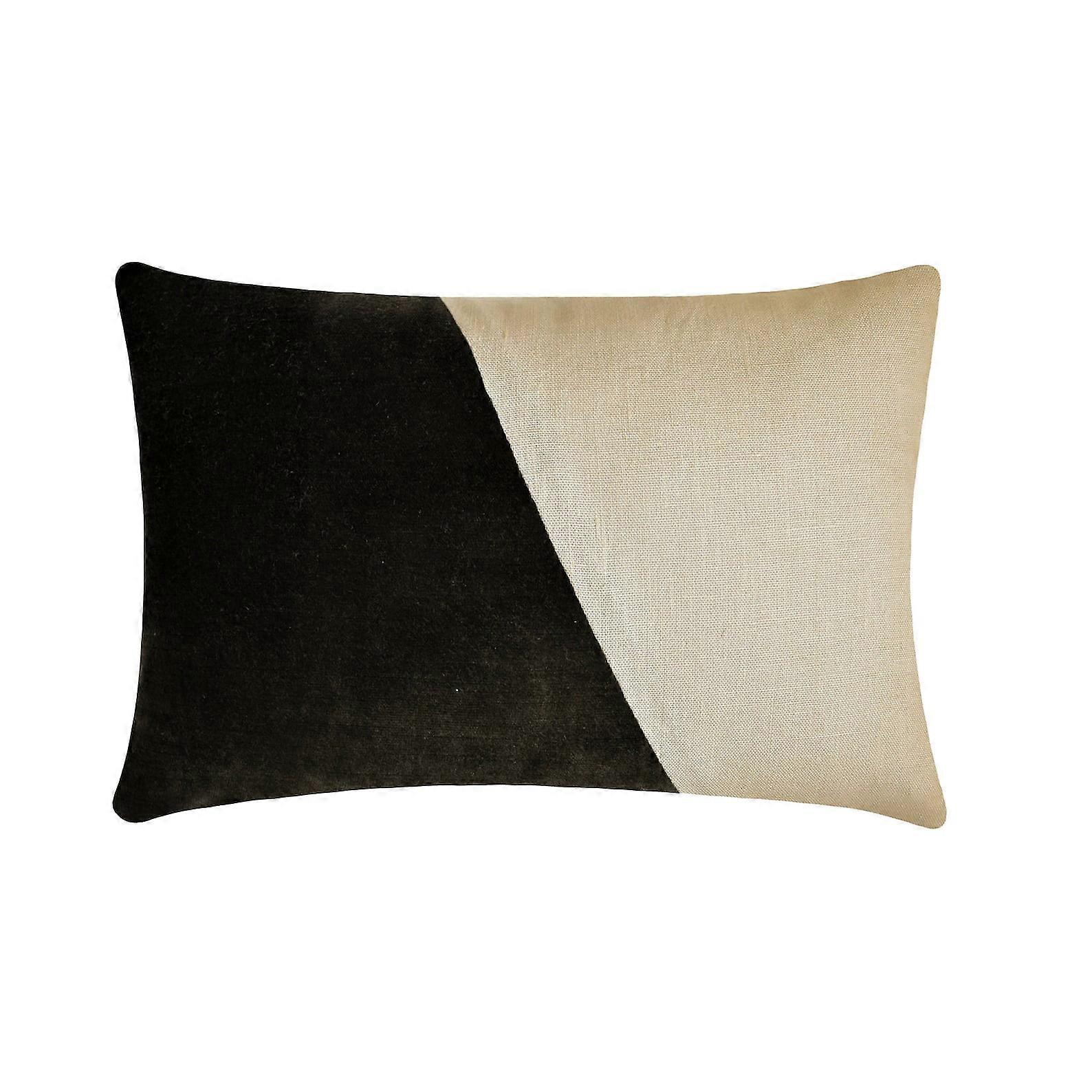 Charcoal Gray 12"x20" Lumbar Pillow Cover, Velvet & Linen, Solid Color Block, Patchwork Pattern, Modern Style - Velutinous Charcoal