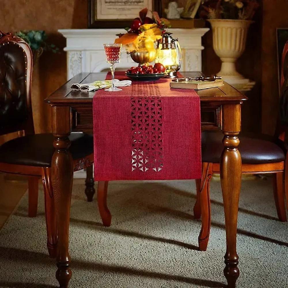 QUTETN Gray Hollow Table Runner Rectangle Double Solid Fabric Farmhouse Flat Perforation Home Table Runners for Dining Holiday 13 x72In