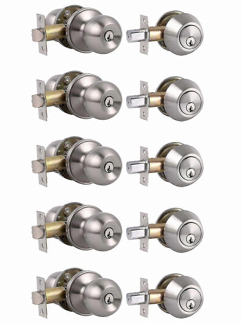 Satin Nickel Door Knob and Lever Set, 5-Pack for Entryway Use, Durable and Secure Locking Mechanism