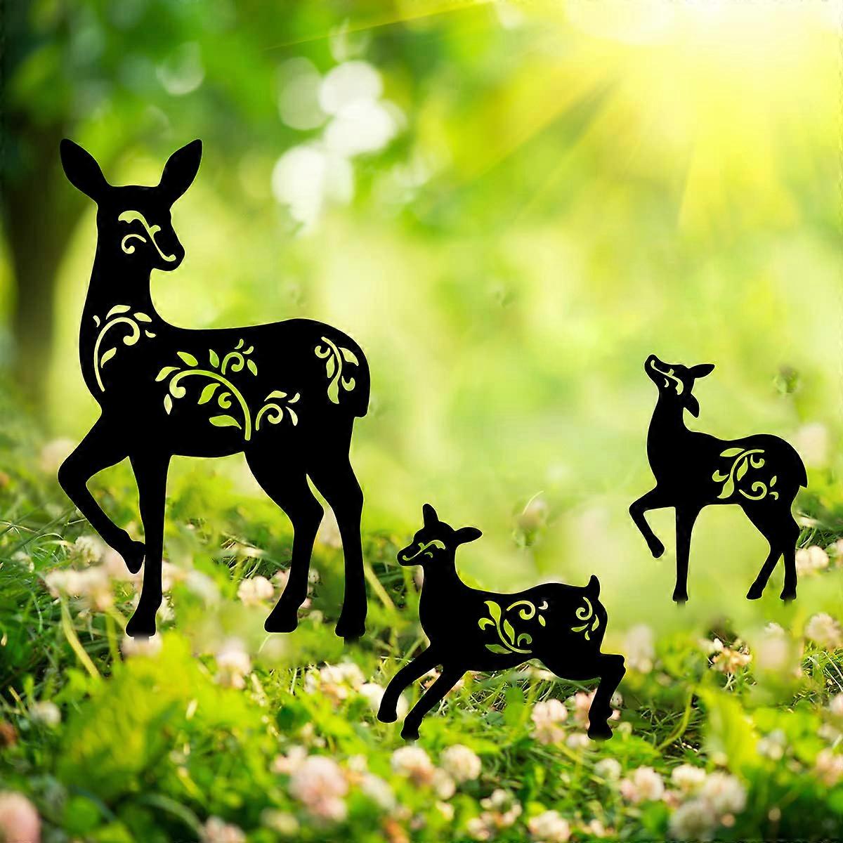 3PCS Decorative Sika Deer Metal Garden Stake Ornament Sculpture for Lawn Yard