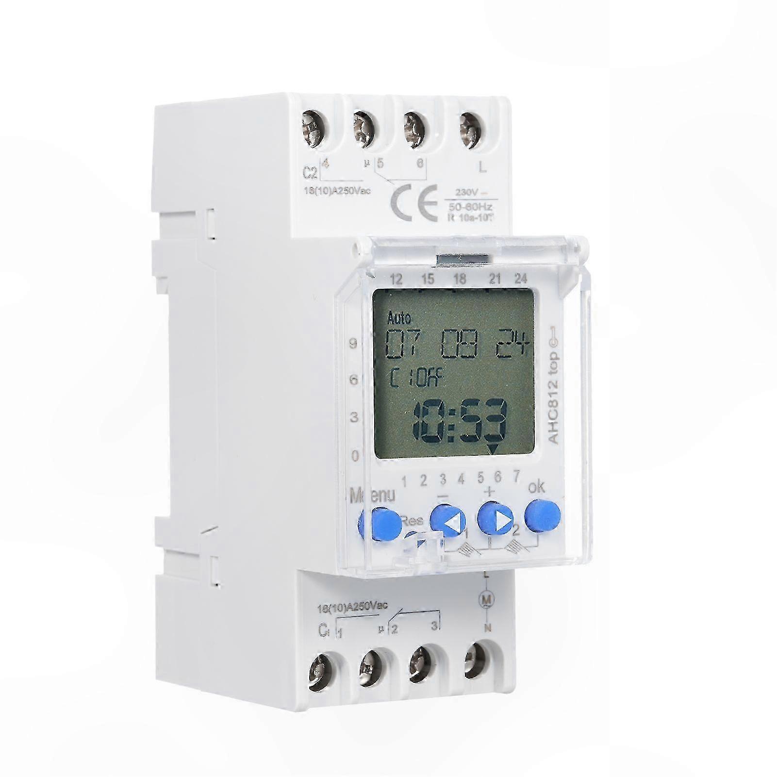 Programmable 2-Channel Weekly Timer Switch, 230V 16A Digital Time Control with DIN Rail Mount