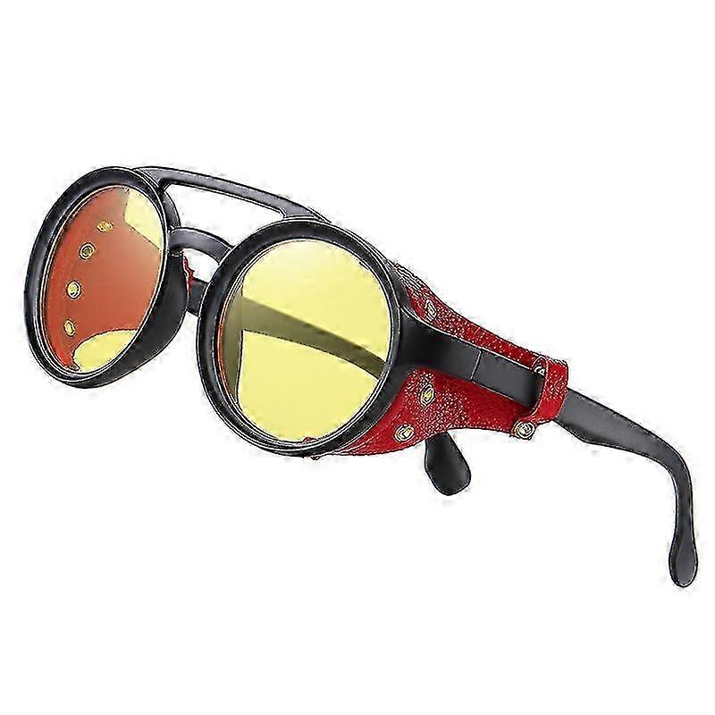 KEITHION, Retro Premium Serin Steampunk Yuvarlak Güneş Gözlüğü, PU Deri Kalkanlar ve Çift Köprüler, Erkekler Kadınlar İçin Açık Hava Partisi Tatil Seyahat Sürüş