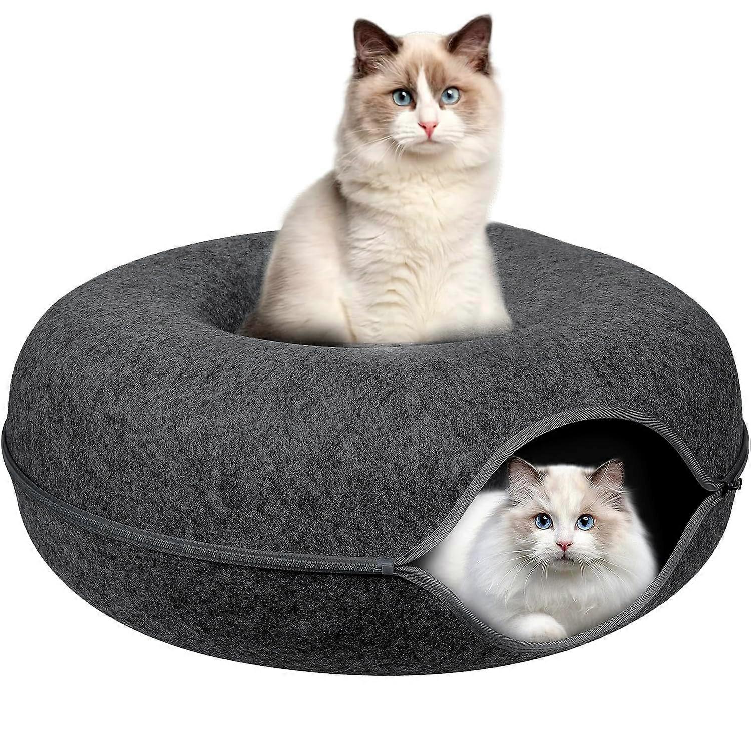 Cat Tunnel Bed and Cave with Peekaboo Design for Indoor Kittens, Donut Condo, Dark Grey 20x20x8
