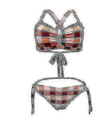 New Women's Retro Triangle Bikini Large Plaid Button Split Strap Swimsuit