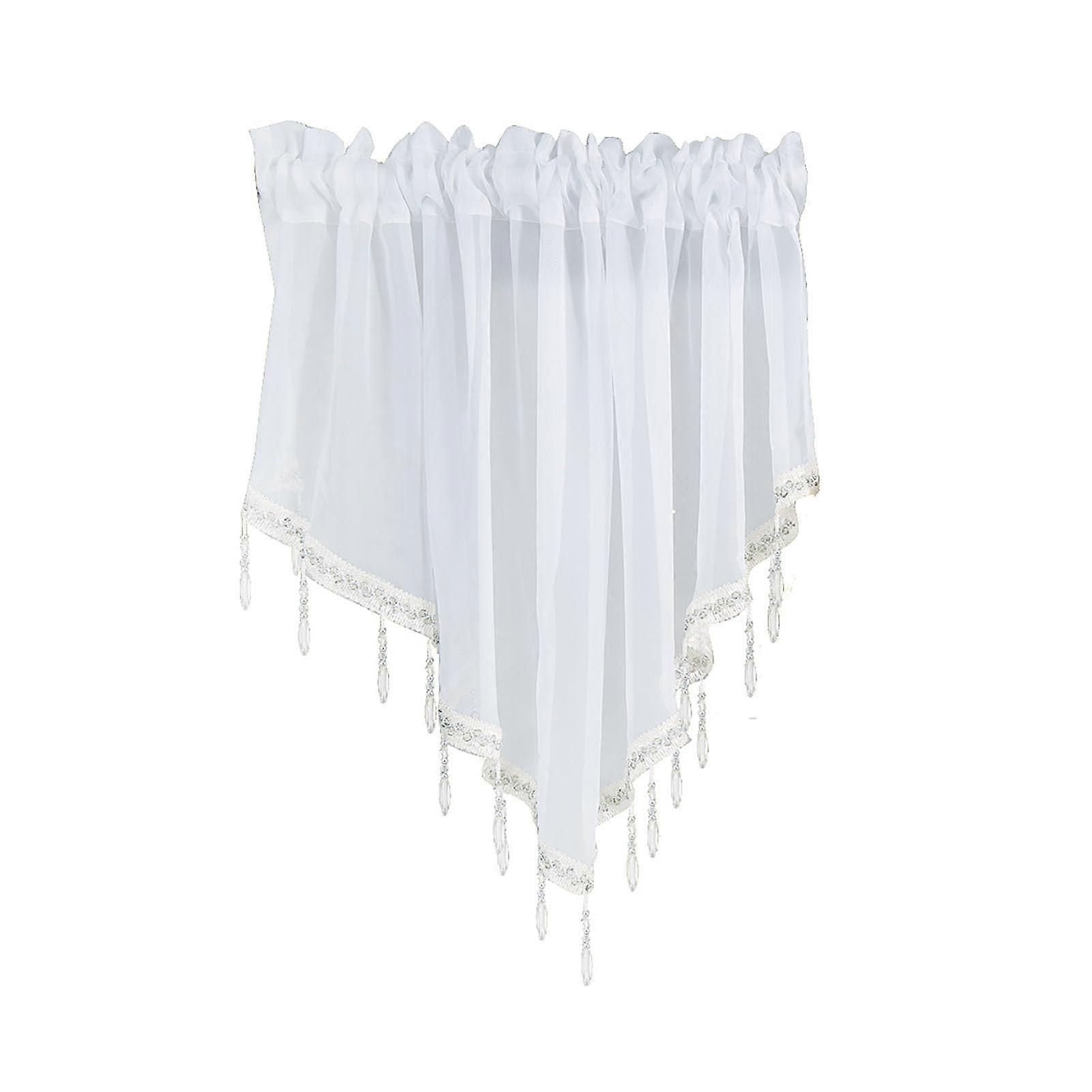 Triangle Swag Short Valance Curtains With Trim Beads, Rod Pocket, Sheer Voile Tulle, White, 51.2 W x 23.6 L In 1 Panel