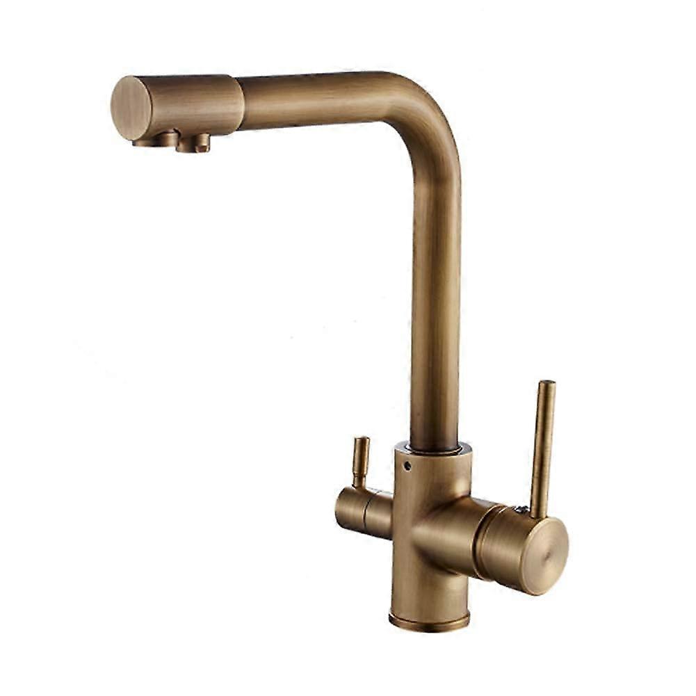 Antique Brass Kitchen Mixer Tap with Swiveling Spout, 3 Way Double Handle Water Purifier Faucet