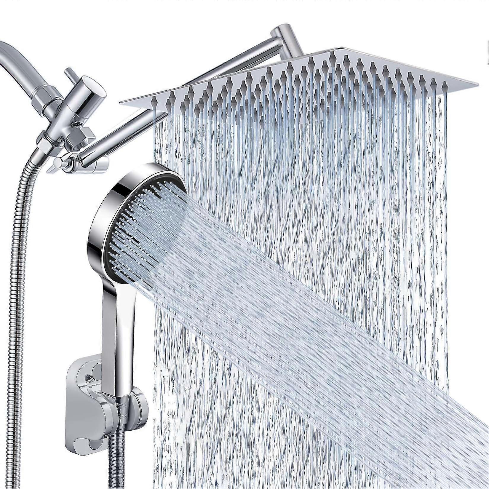 10 Inch  Pressure Rain Shower Head with Handheld Spray, Dual Combo Set with Adjustable Extension Arm and 60 Inch Hose, Silver