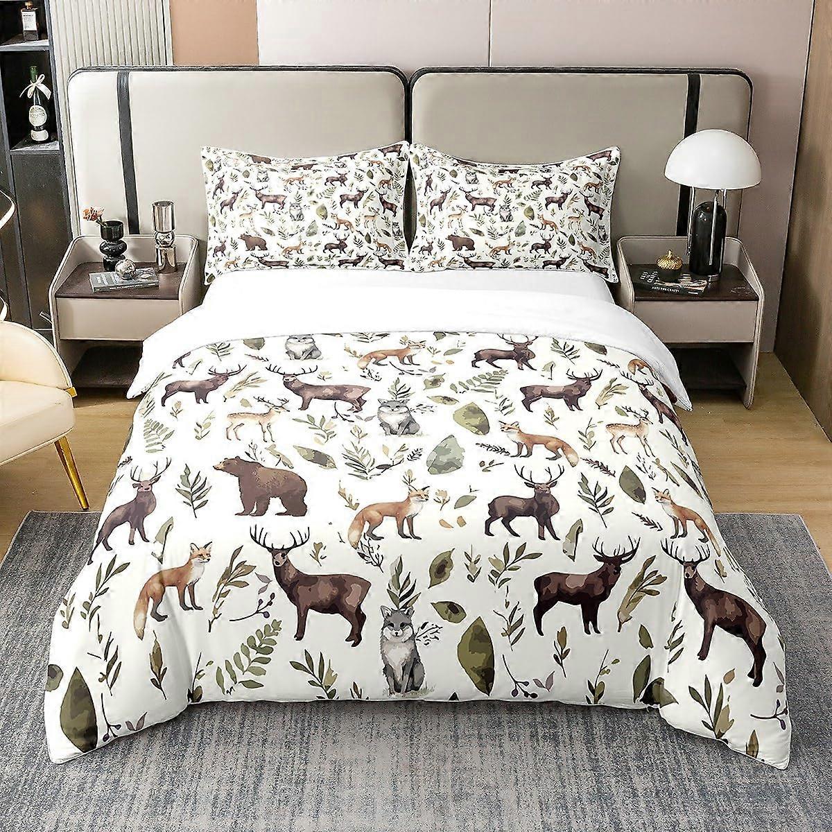 Twin Size Cotton Duvet Cover Set with Fox and Bear Print, Soft Breathable Bedding for Kids