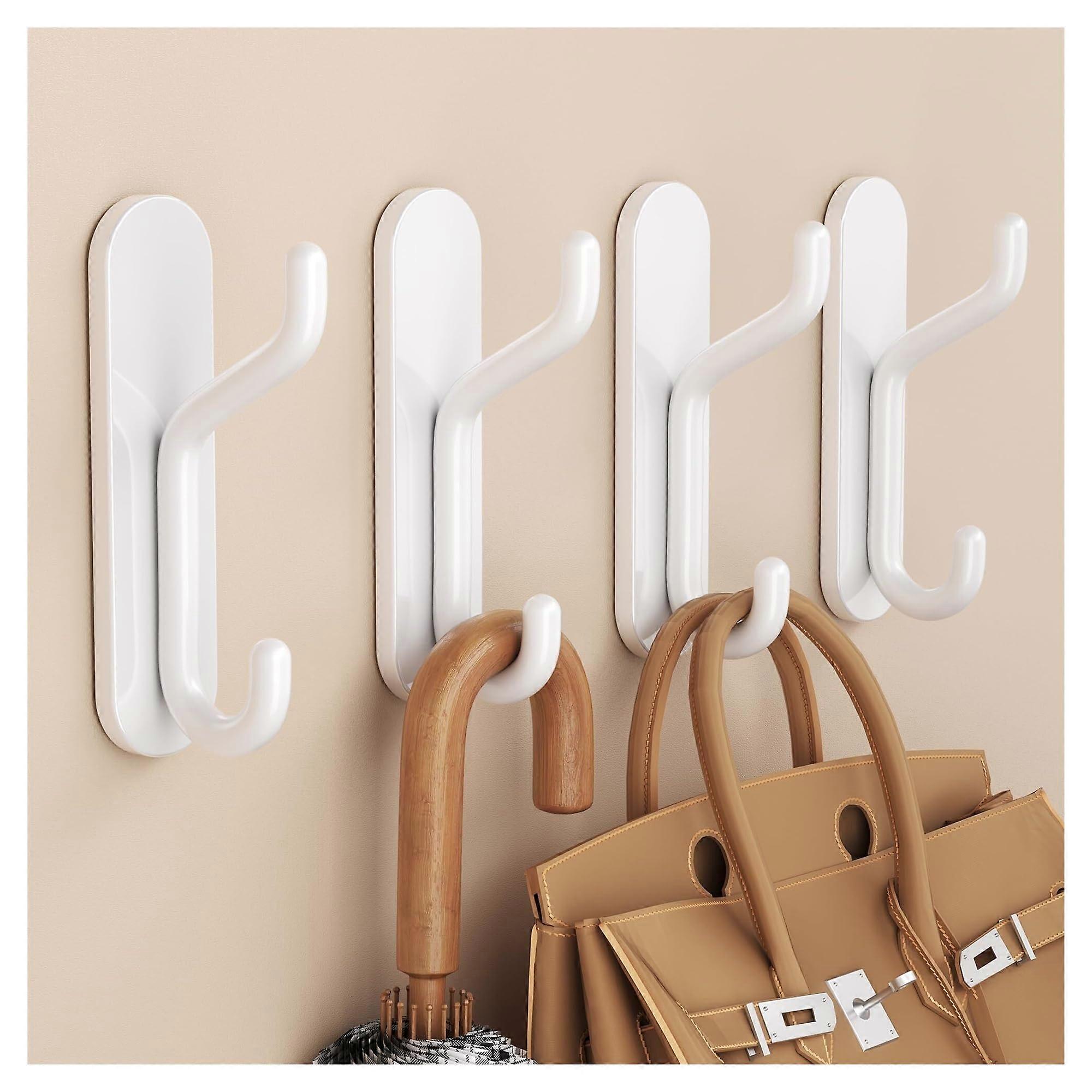 Adhesive Wall Hooks 4 Pack Heavy Duty Rustproof Waterproof No Drill Double Hook for Bathroom