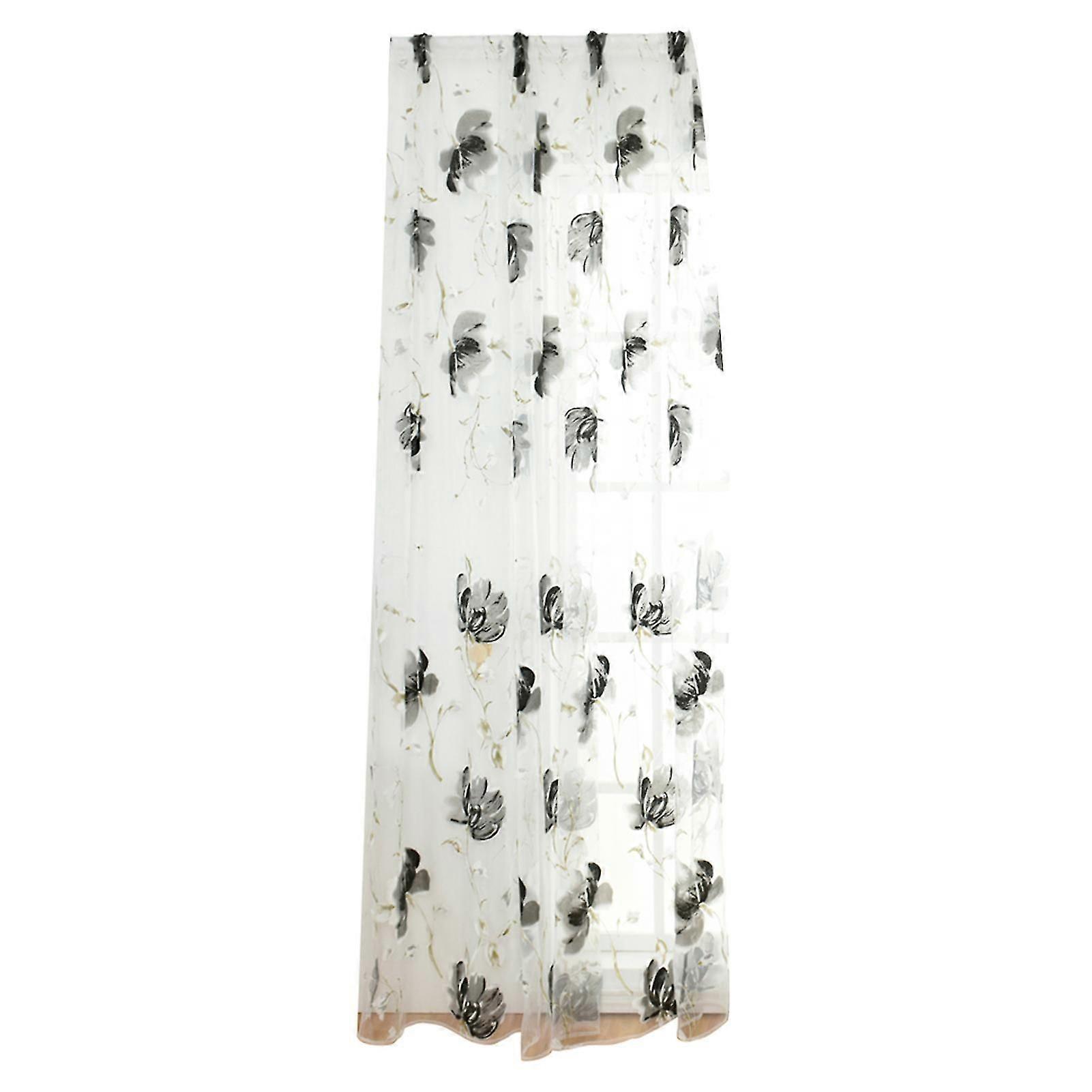 Curtain Flower Print Through Rod Polyester Transparent Window Drape For Balcony