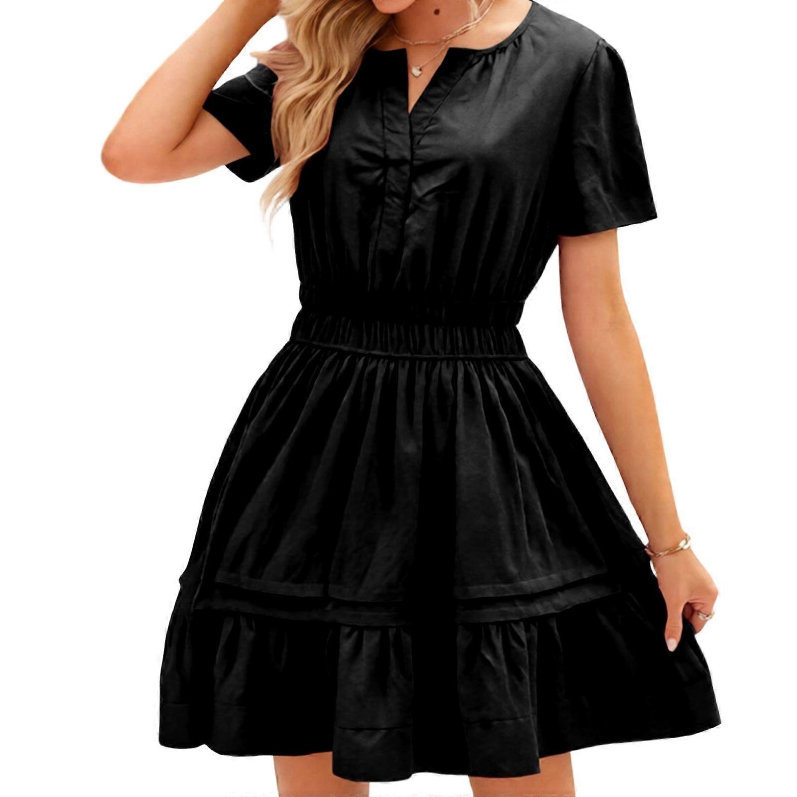 Women's Casual Dresses V Neck Short Sleeve Sundress Smocked Waist A Line  Tiered Dress Black S