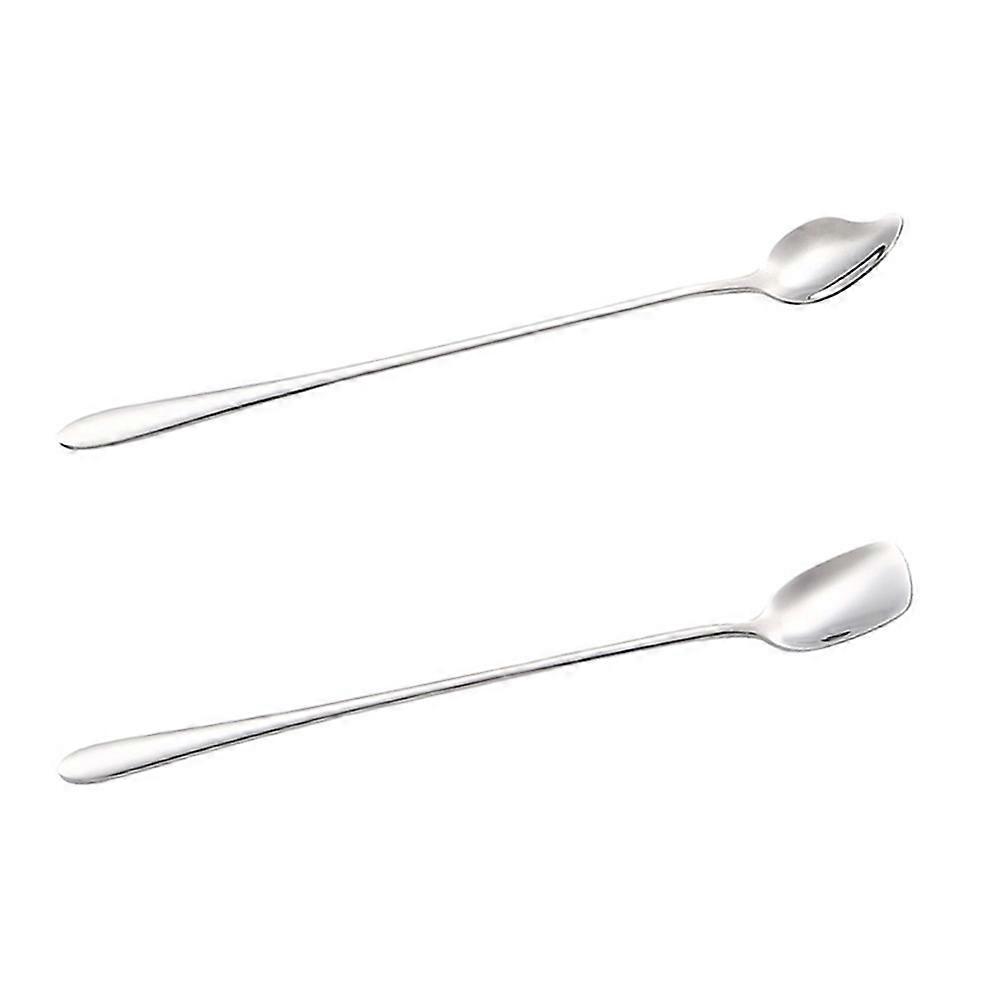 Silver Stainless Steel Long Handle Coffee Stirring Spoon 2Pcs Set