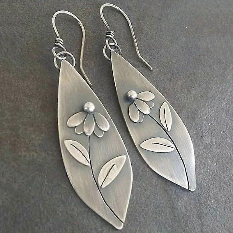 Alloy Dangle Earrings Leaf with Flower Silver 45mm