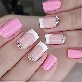 Średnie kwadratowe paznokcie typu french z kryształkami w kolorze nude pink, pełne sztuczne paznokcie, zestaw 24 szt.