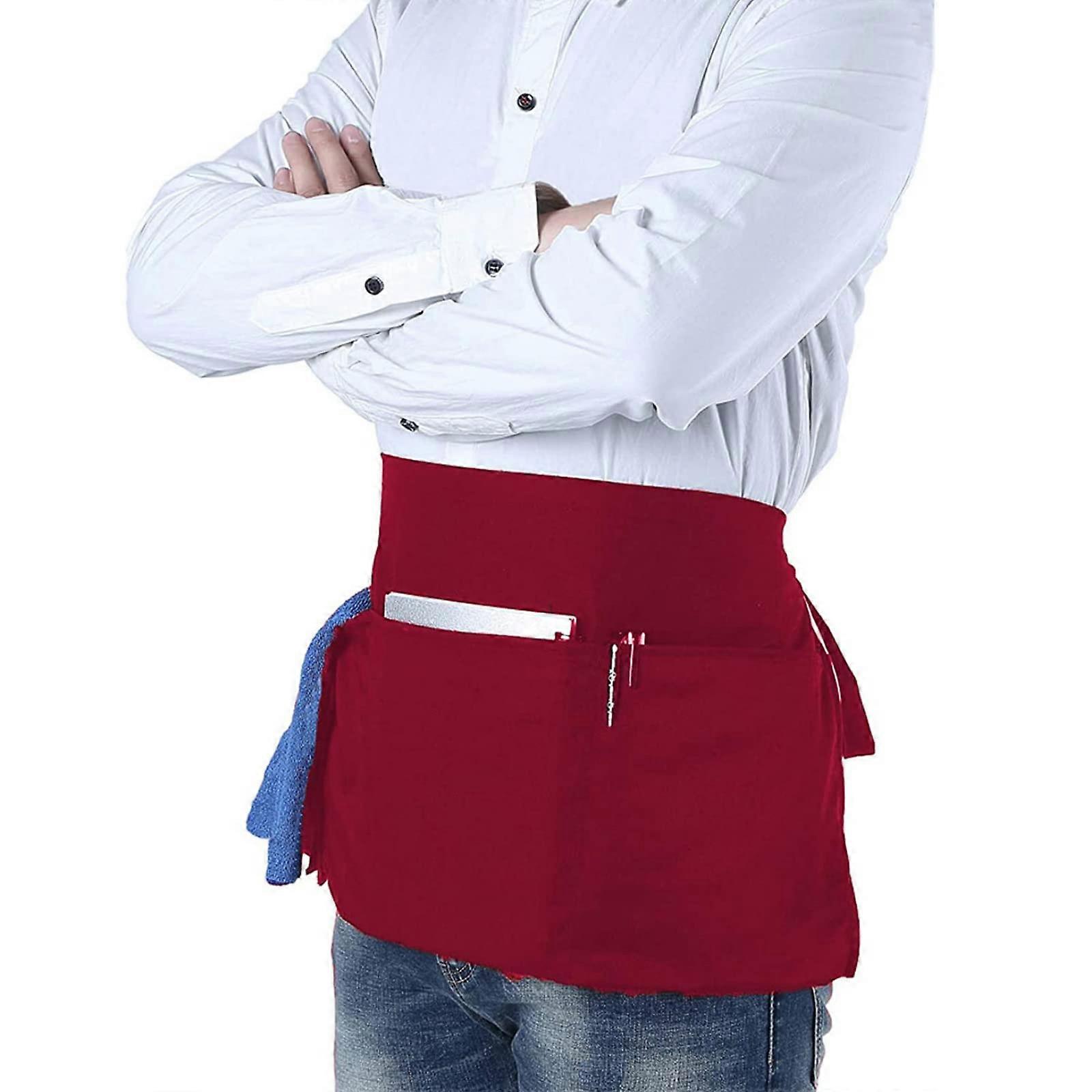 Waterproof Waitress Apron with Pockets Red Chef Half Apron for Restaurant and Kitchen Work