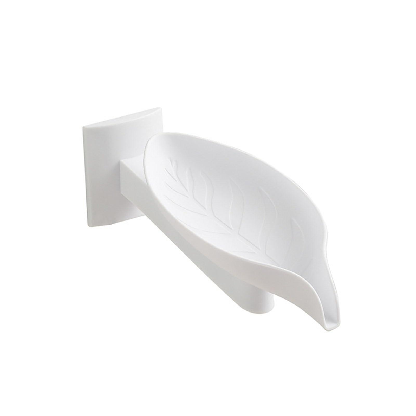 Wall Mounted Soap Dish with Auto Draining Leaf Shape, No Drilling PP Organizer for Bathroom Kitchen White