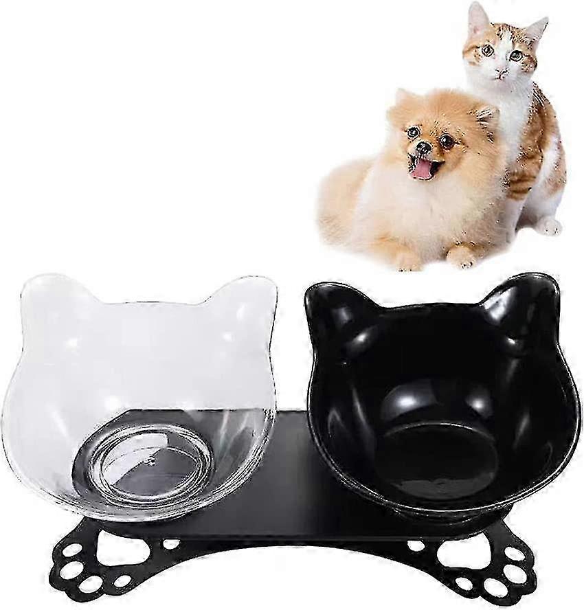Elevated cat bowl platform for feeding two cats at once.