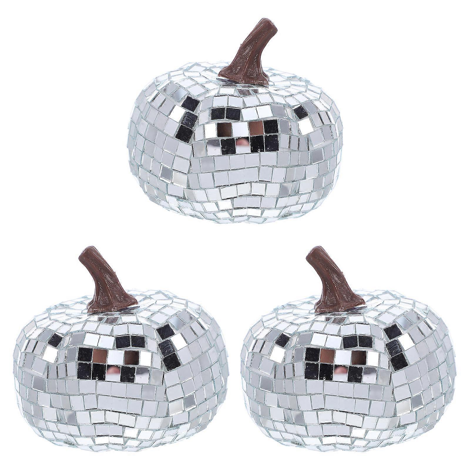 Disco Pumpkins Mirror Pumpkin Decoration for Party 3Pcs Silver Glitter