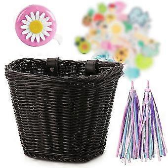 Kids Bicycle Basket, Water Resistant Wicker Bike Basket with Bell, Colored Tassels, Stickers, Girls' Bicycle Decoration Compatible with Kids' Bicycles