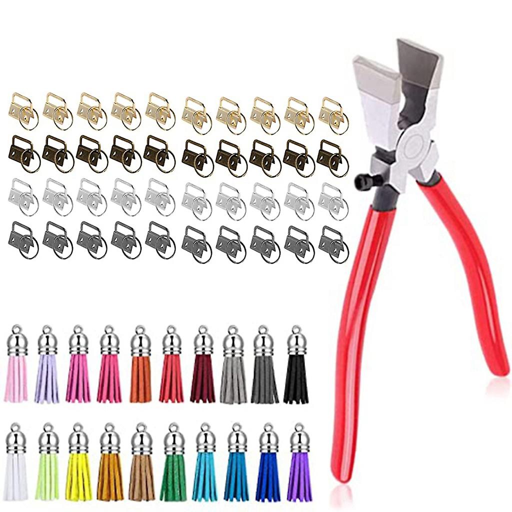 61 Pcs for Key Fob Hardware Set with Pliers Leather Tassels for Wristlet Clamp for Key Lanyard for Key Chain Making Supp