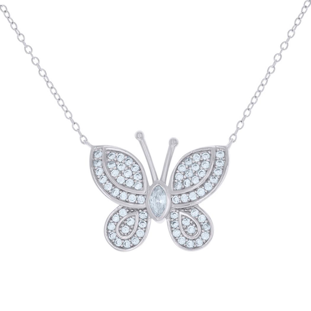925 Sterling Silver Womens CZ Diamante Simulato Farfalla Angelo Ali Moda Charm Collana 17.5x21.7mm Largo Pendente-Ne