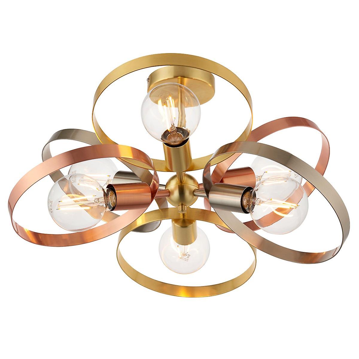 Multi Arm Semi Flush Ceiling Light Satin Brass, Brushed Copper Plate